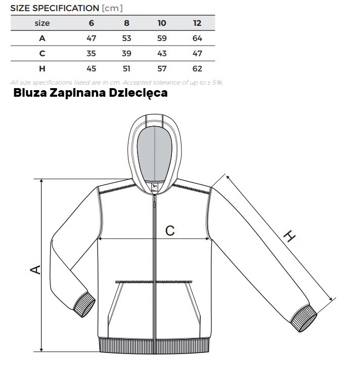 Bluza na zamek Dziecięca - Wymiary