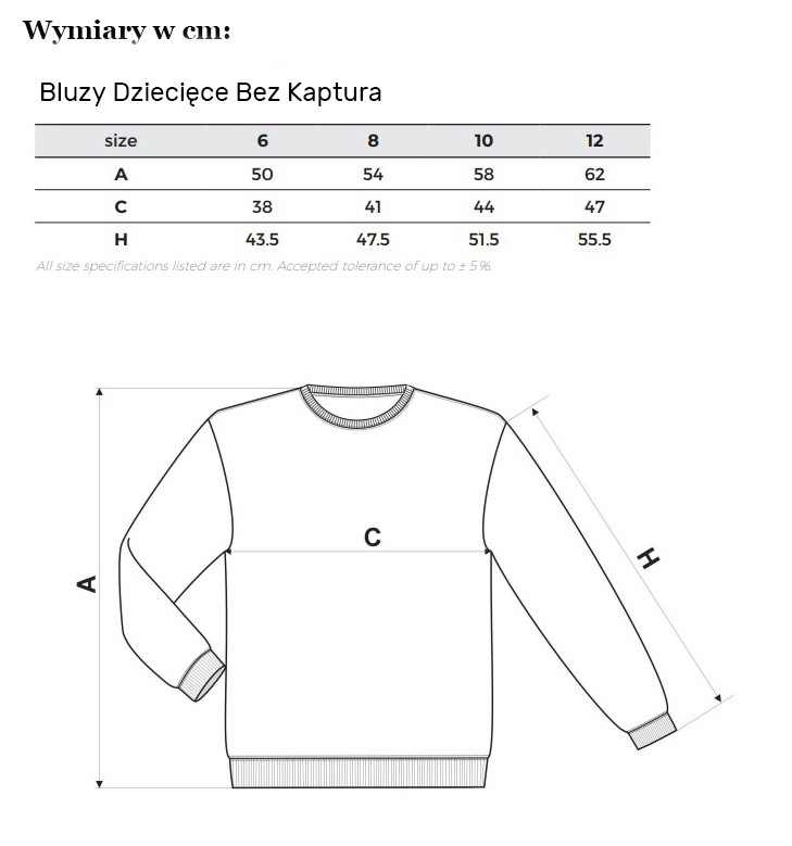 Bluza bez Kaptura Dziecięca - Wymiary