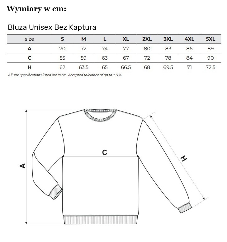Bluza Bez Kaptura Unisex - Wymiary